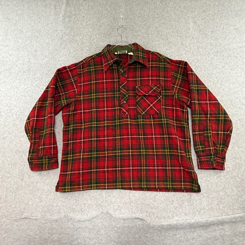LL Bean Plaid Wool Pullover Mens XL Red Vintage Long Sleeve Jacket 60s 70s Smock